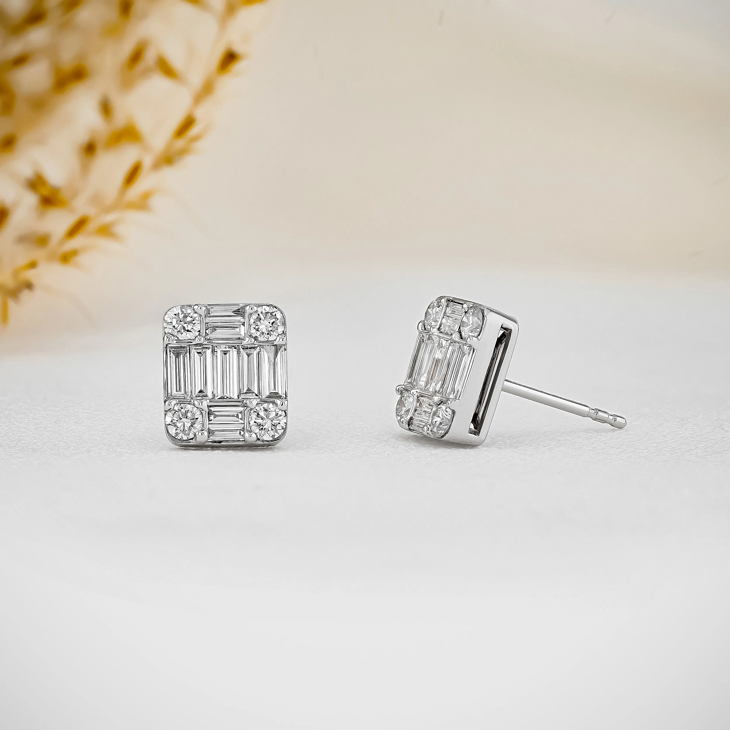 0.99 TCW Baguette & Round Moissanite Diamond Stud Earrings