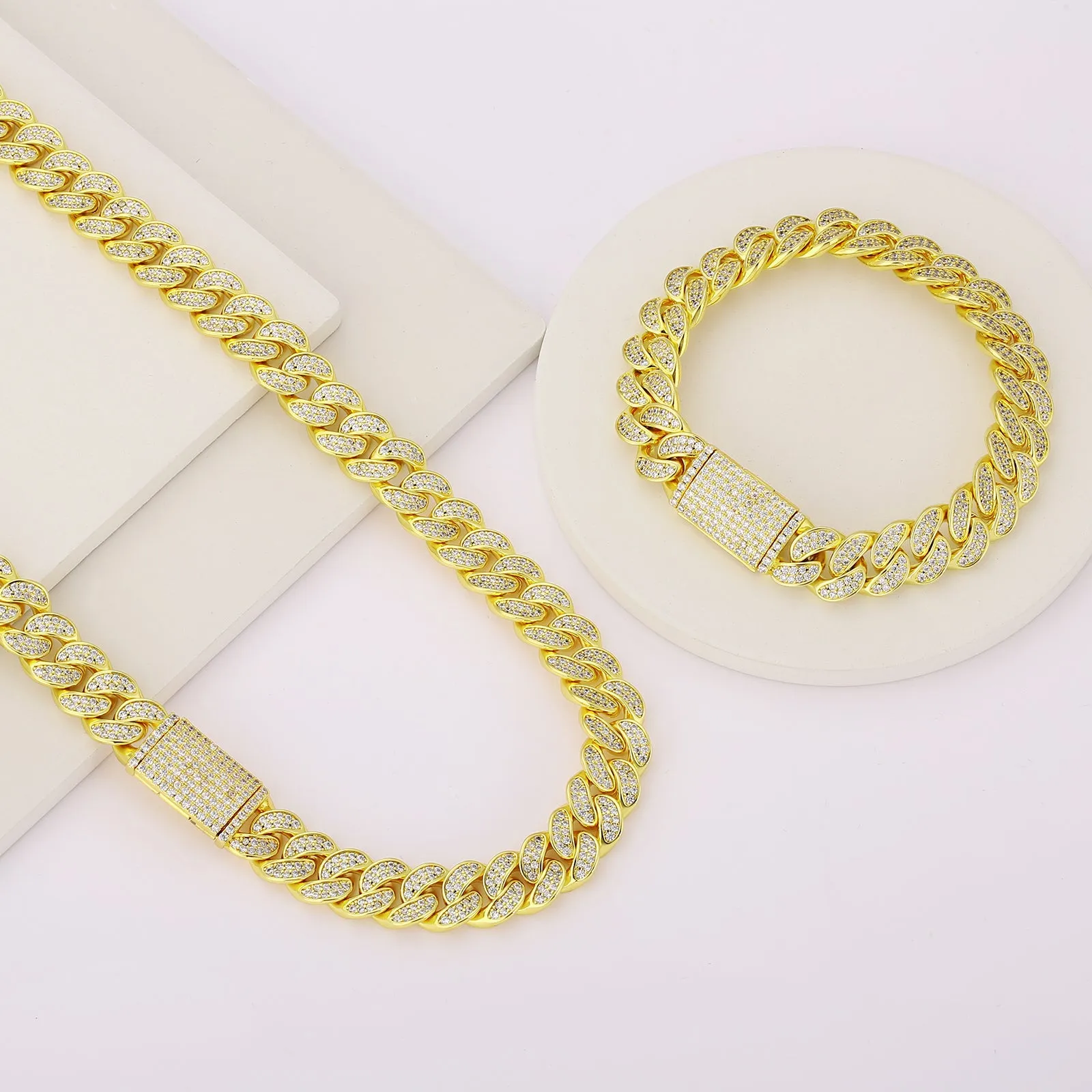 12mm Iced Out Cuban Link Necklace in 14K Gold