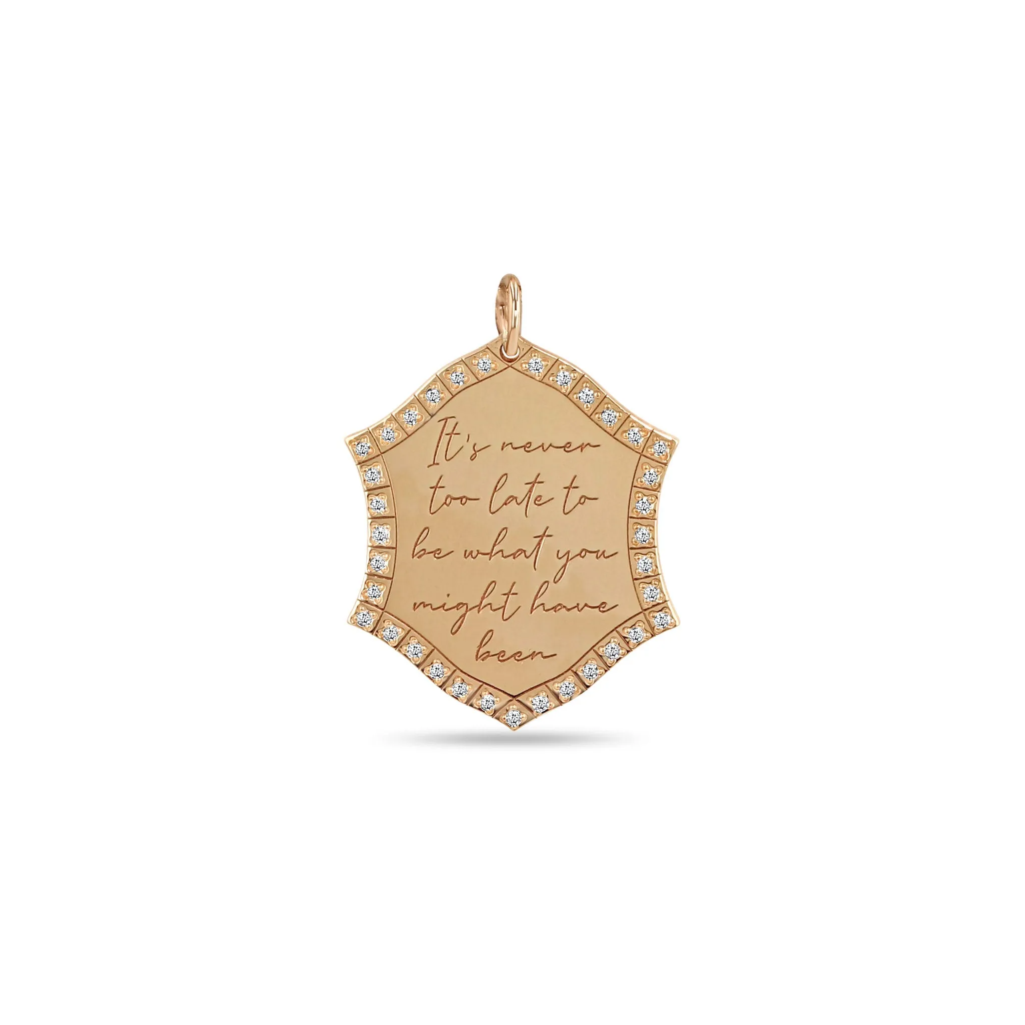 14k Single Engraved Mantra Shield with Diamond Border Charm Pendant