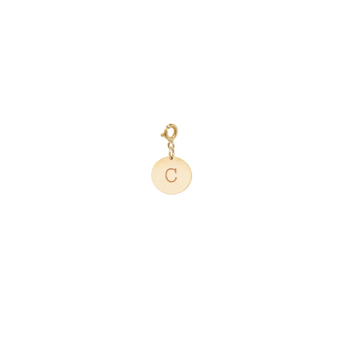 14k Small Engraved Initial Disc Charm Pendant on Spring Ring