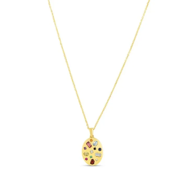 14K Yellow Gold Gemstone Inlay Oval Pendant Necklace - 18"