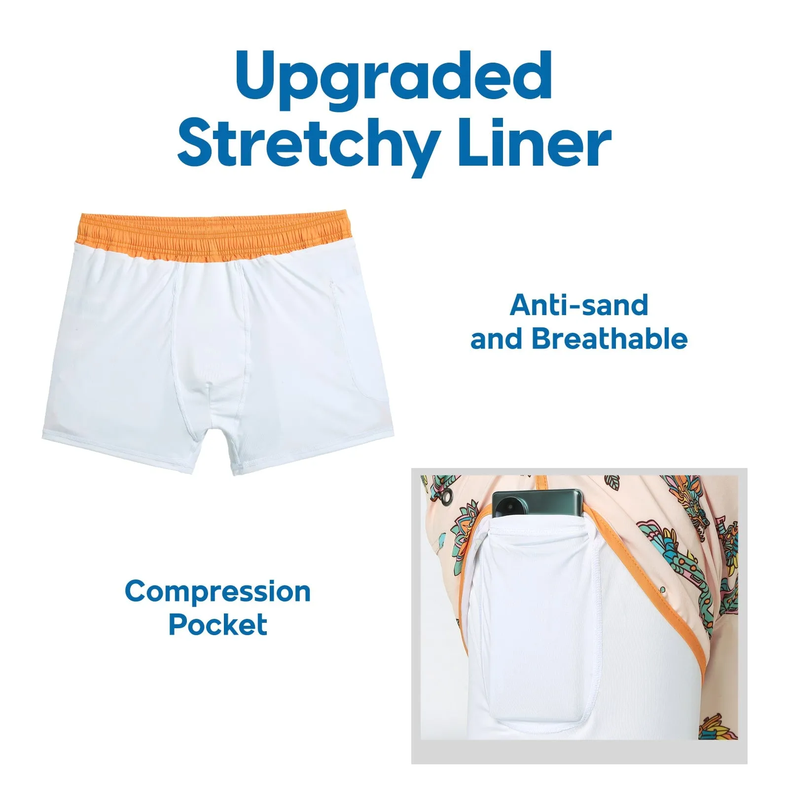 4.5 Inseam 2 in 1 Stretch Short Liner Apricot White Swim Shorts