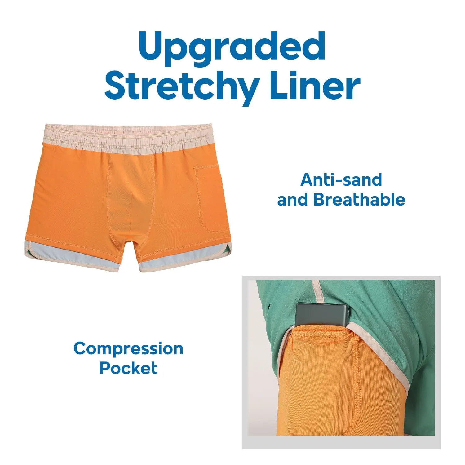 4.5 Inseam 2 in 1 Stretch Short Liner Green Orange Swim Shorts