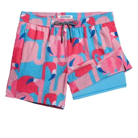 5.5 Inseam 2 in 1 Seersucker Short Liner Flamingo Pink Swim Shorts