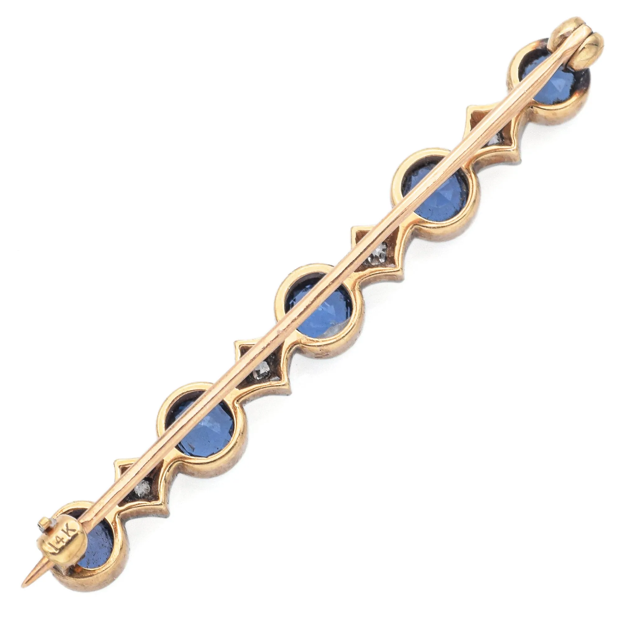 Antique 14K Yellow Gold Sapphire & Diamond Bar Brooch Pin