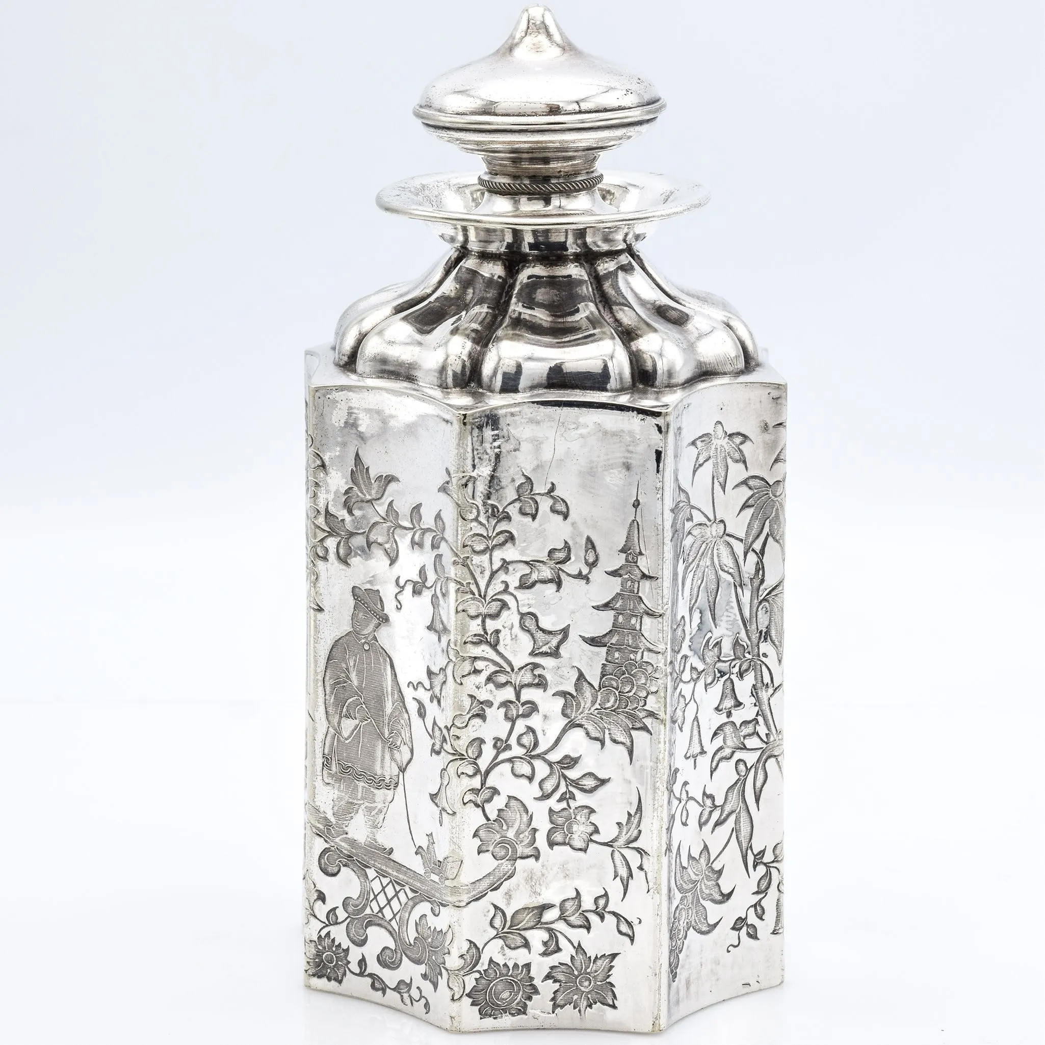 Antique 1886 .800 Silver German Flask With Chinoiserie Design