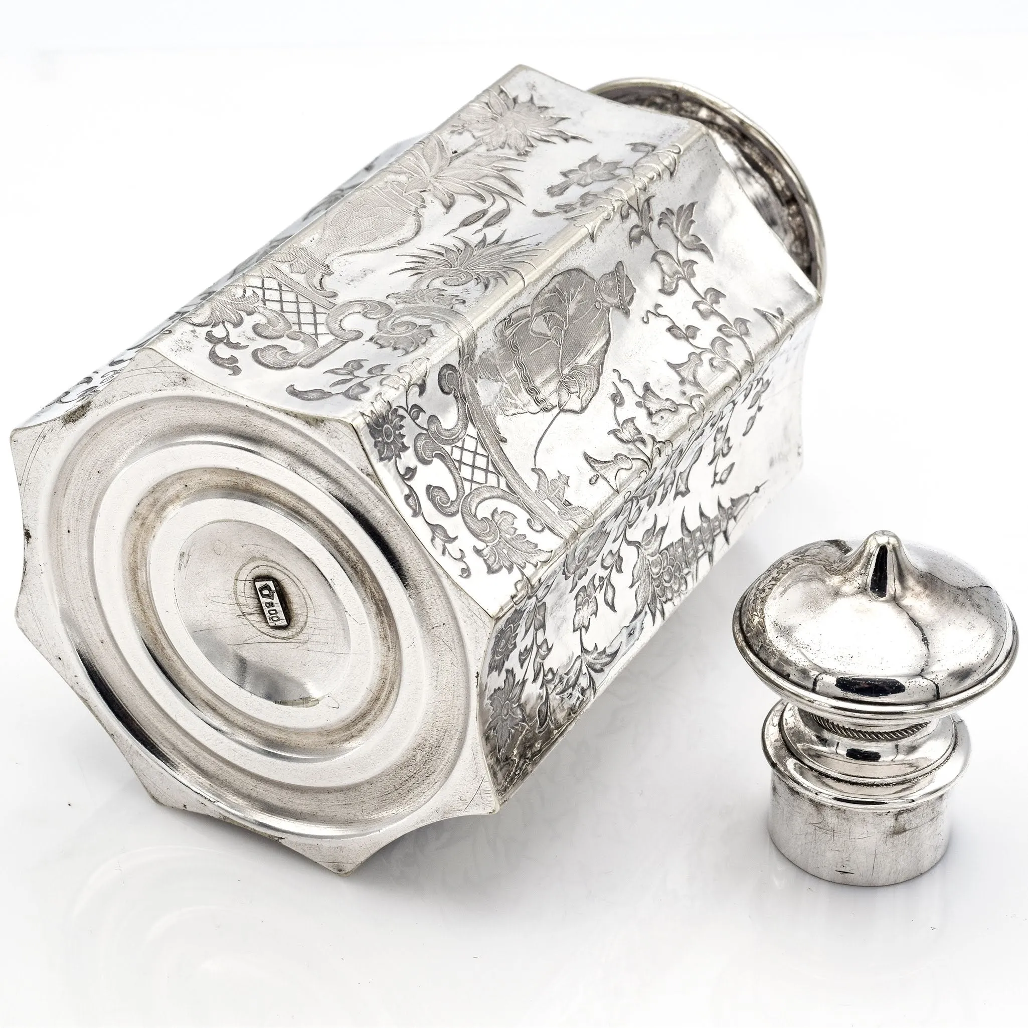 Antique 1886 .800 Silver German Flask With Chinoiserie Design