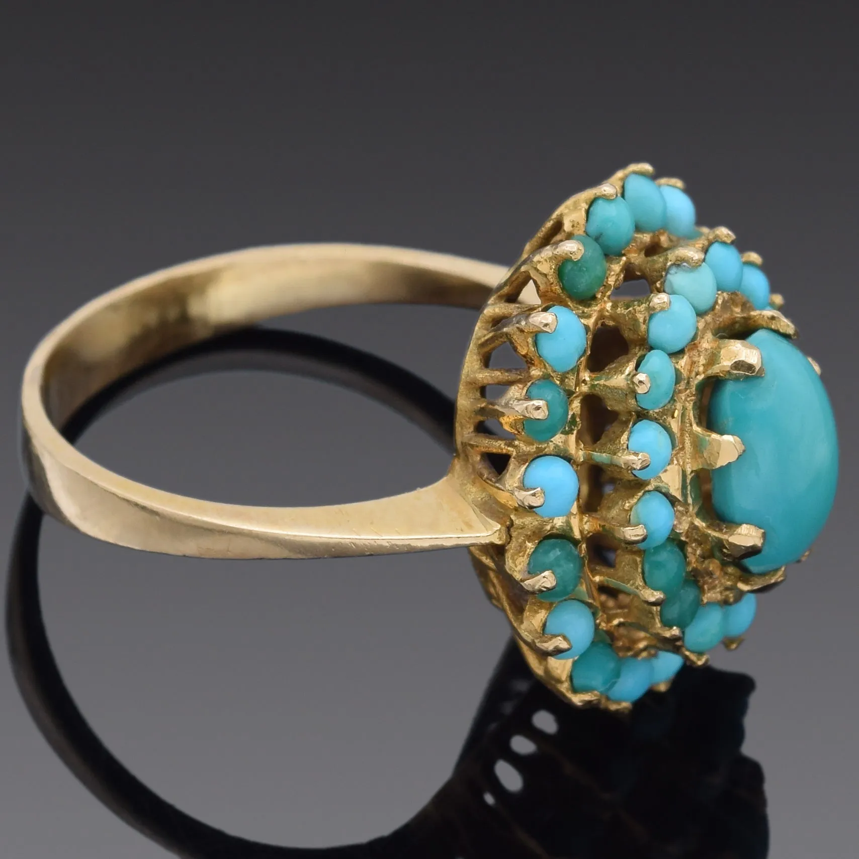 Antique Turquoise 18K Yellow Gold Cocktail Ring Size 6.75