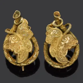 Antique Victorian 18K Yellow Gold Leaf Dangle Kidney Back Earrings