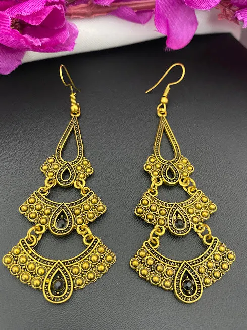 Beautiful Yellow Color Antique Gold Long Hook Earrings