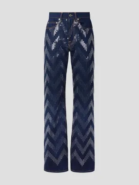 Blue Sequins Zig Zag Embroidery Denim Pant