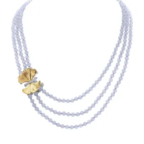 Butterfly Ginkgo Multi Strand Necklace with Chalcedony and Diamonds