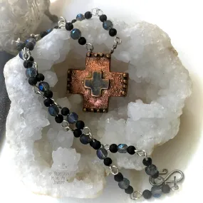 Copper Cross Rosary Necklace, Boho Faith Jewelry , Copper Necklace