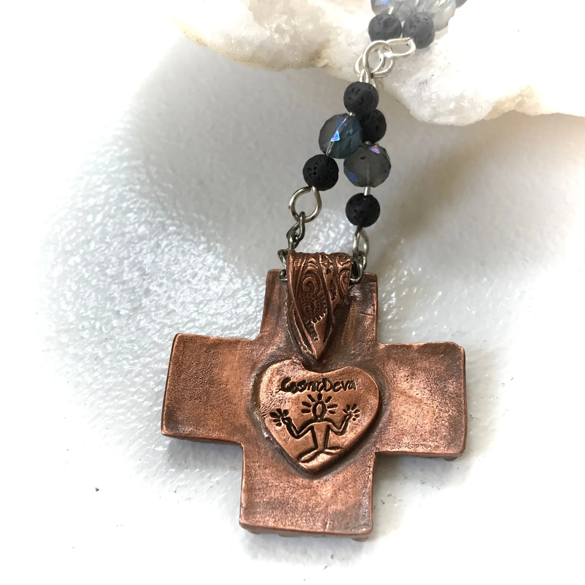 Copper Cross Rosary Necklace, Boho Faith Jewelry , Copper Necklace