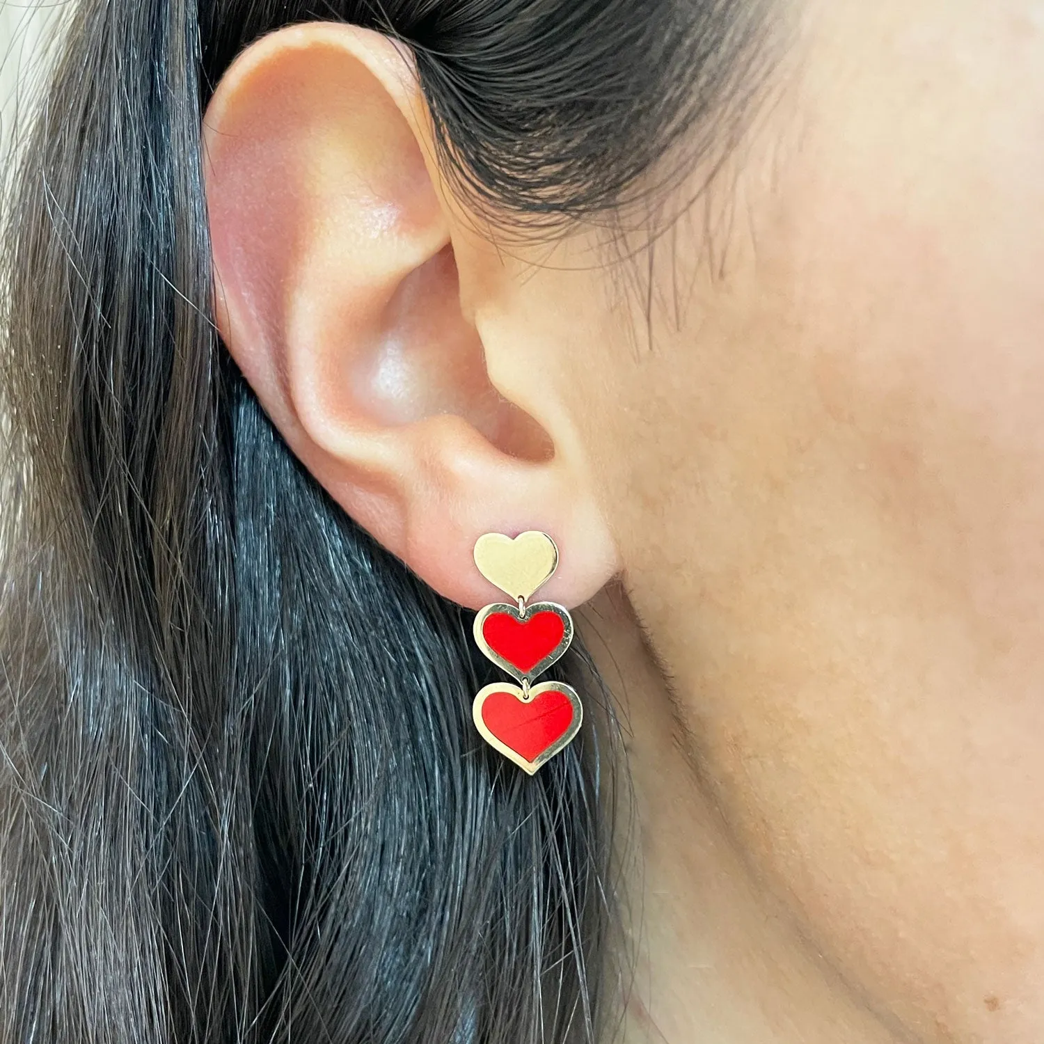 Coral Triple Heart Dangle Earrings