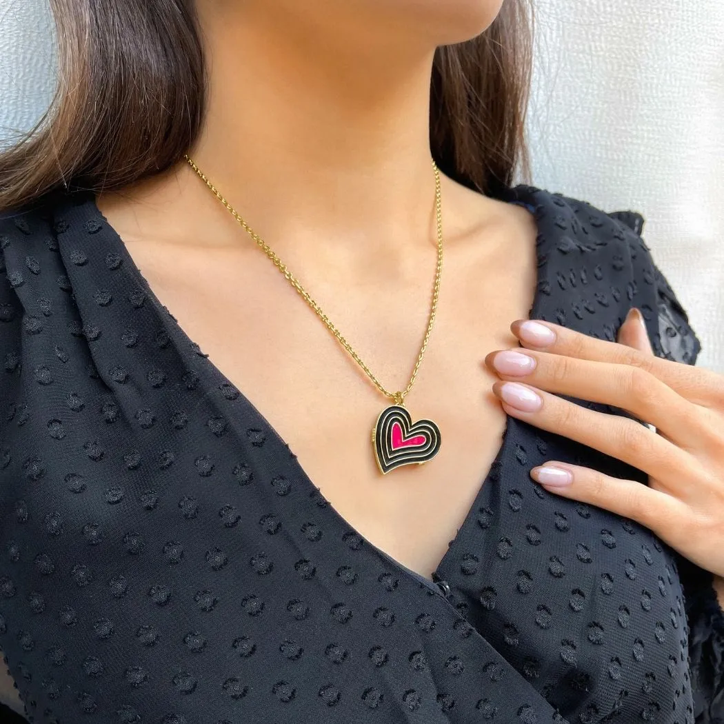 Deco Heart Locket (Onyx & Pink) - Gold