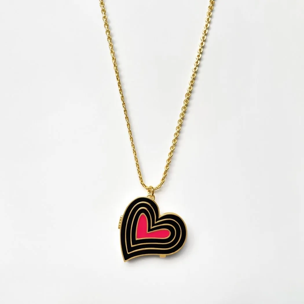 Deco Heart Locket (Onyx & Pink) - Gold