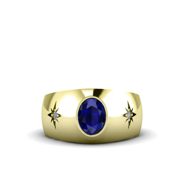 Fine 18K Yellow Gold Gents Sapphire and Diamond Ring Blue Gemstone Virgo Mens Gift