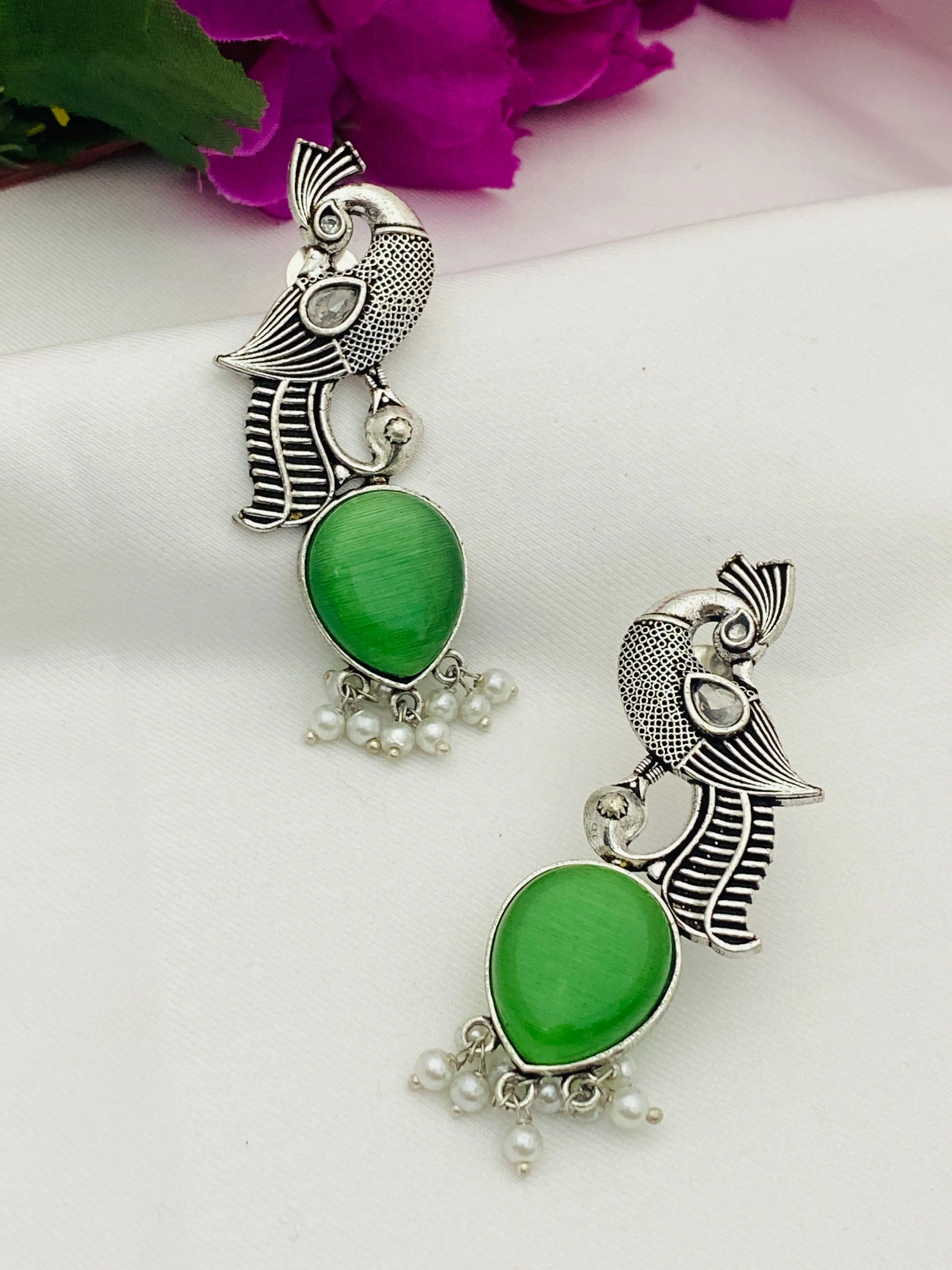 Gorgeous Green Color Peacock Design Silver Oxidized Earrings