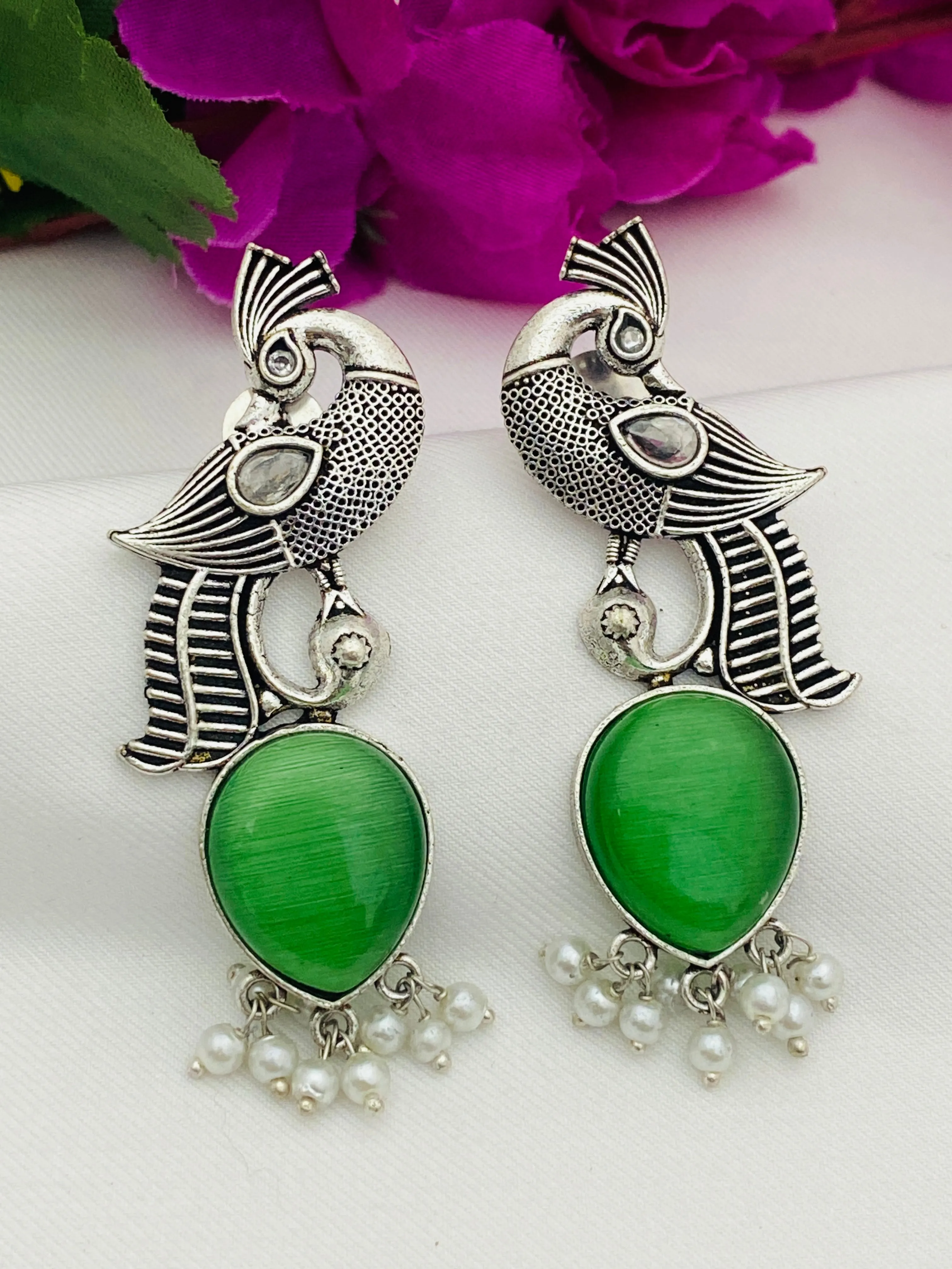 Gorgeous Green Color Peacock Design Silver Oxidized Earrings