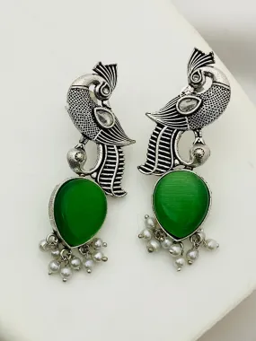 Gorgeous Green Color Peacock Design Silver Oxidized Earrings