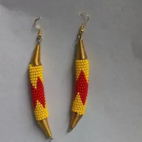 Handmade Long Beaded Yellow and Red Maasai Dangle Earrings