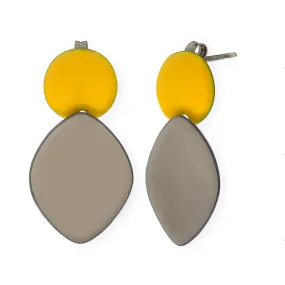 Handmade Rhodium Plated Silver Dangle Earrings with Yellow & Gray Enamel