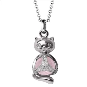 Icona Cat Charm Necklace with Rose Quartz and Diamonds in Sterling Silver