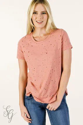 Junior cut distressed Dusty Rose Short Sleeved drilled Tee