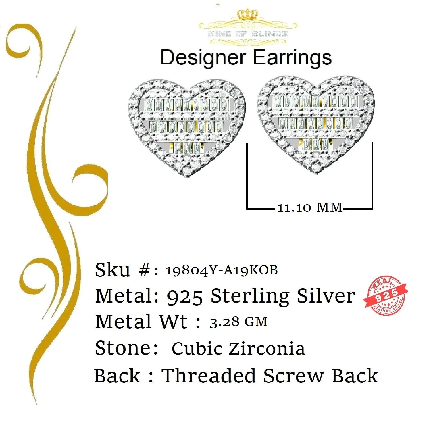 King of Bling's 925 Yellow Sterling Silver 1.48ct Cubic Zirconia Men's & Women's Heart Earrings