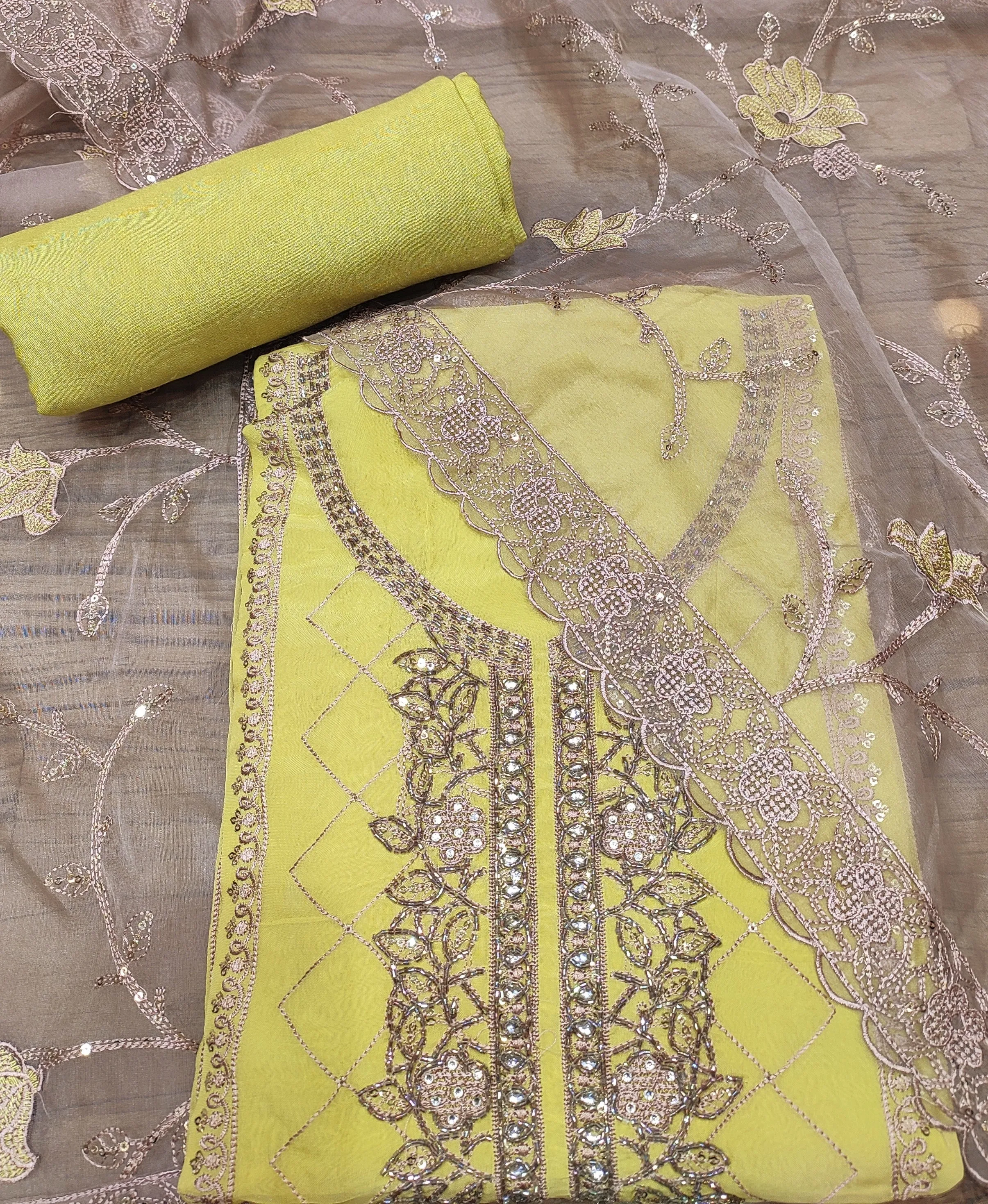 Lime Yellow Organza Unstitched Suit With Cutdana Handwork