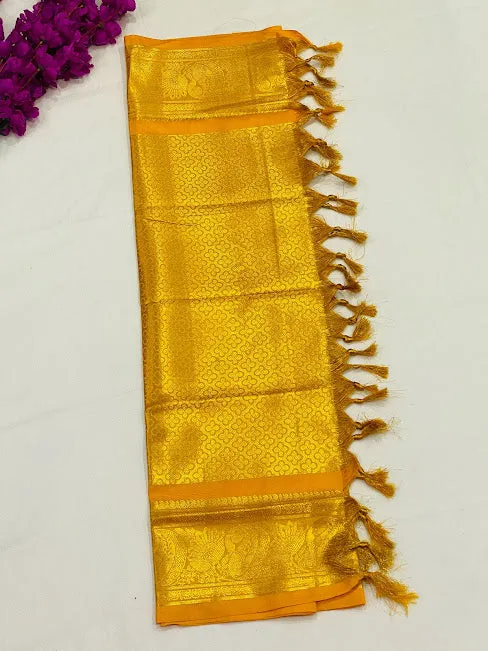 Magnificent Yellow Color Silk Shawl (Ponnadai) For Guest