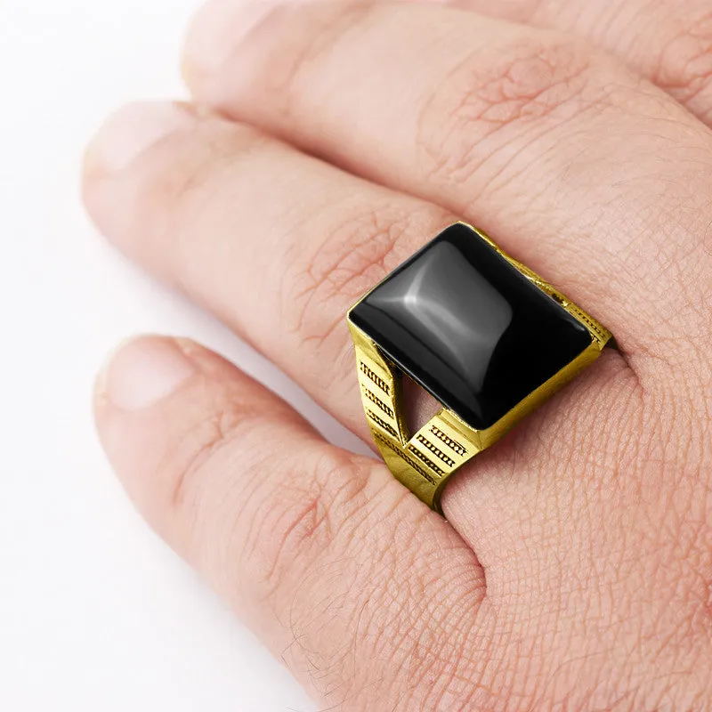 Men's Black Onyx Ring in 10k Yellow Gold, Natural Stone ring for Men