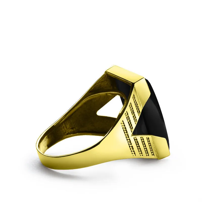 Men's Black Onyx Ring in 10k Yellow Gold, Natural Stone ring for Men