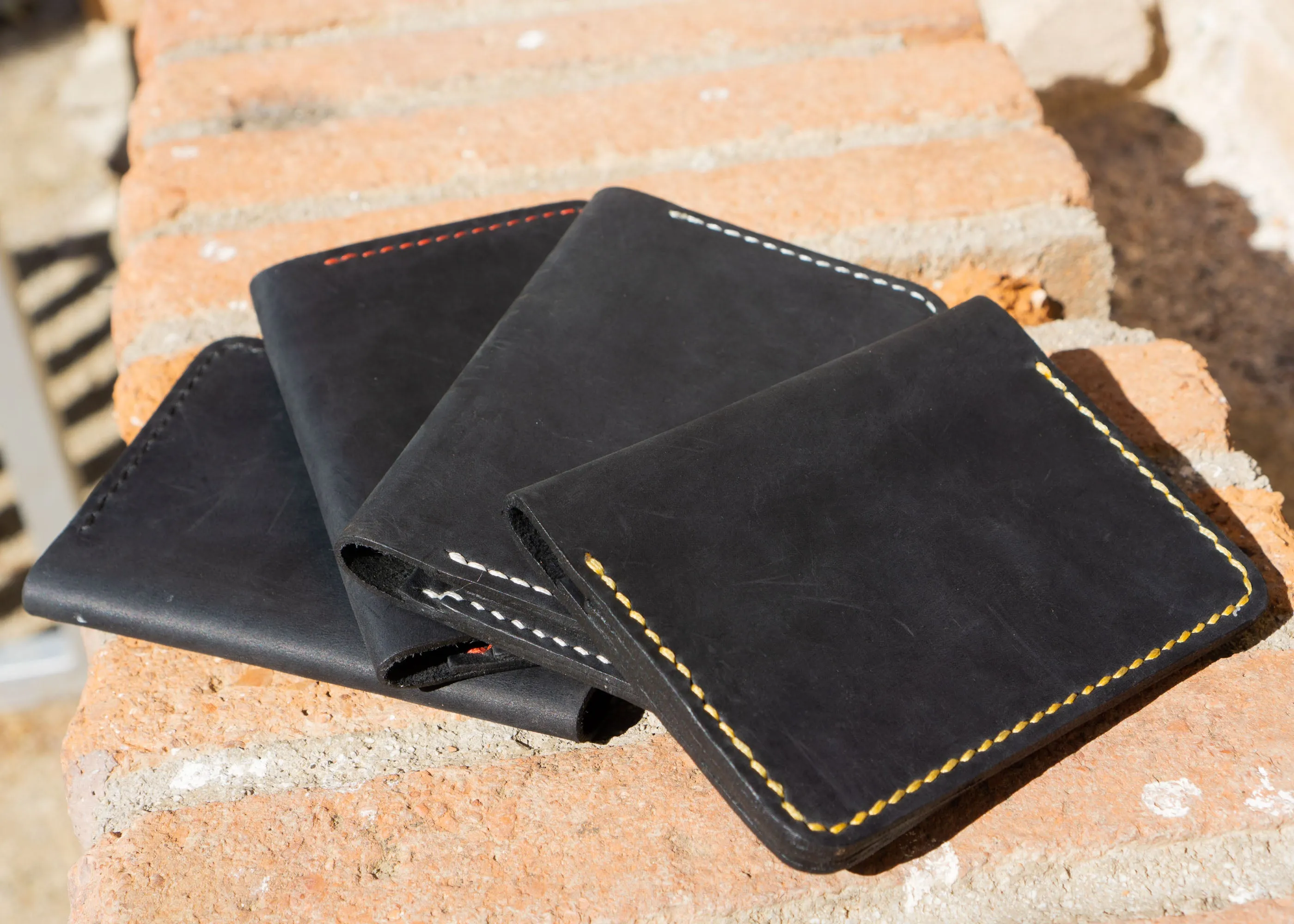 Minimalist Leather Wallet- Fashion Racing, Black Leather Yellow Thread