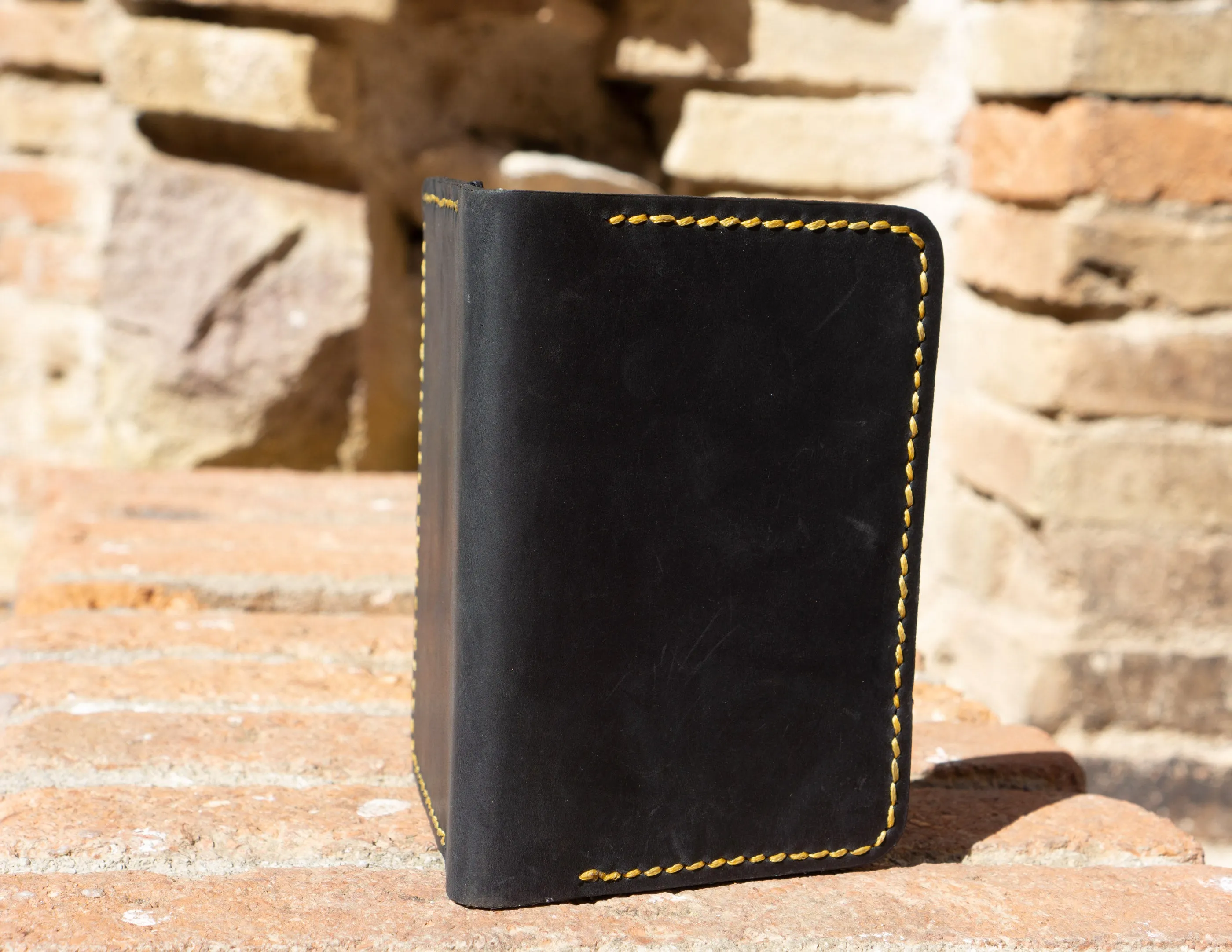 Minimalist Leather Wallet- Fashion Racing, Black Leather Yellow Thread