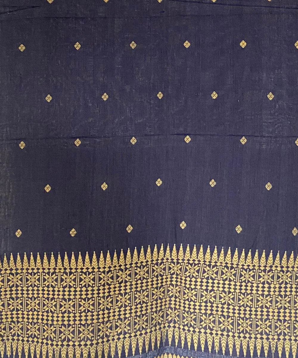 Navy blue yellow buti handloom assam silk stole