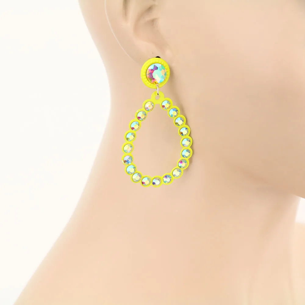 Neon Yellow Bling Teardrop Earrings with stud post