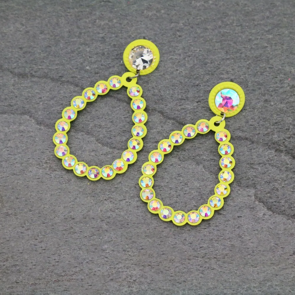 Neon Yellow Bling Teardrop Earrings with stud post