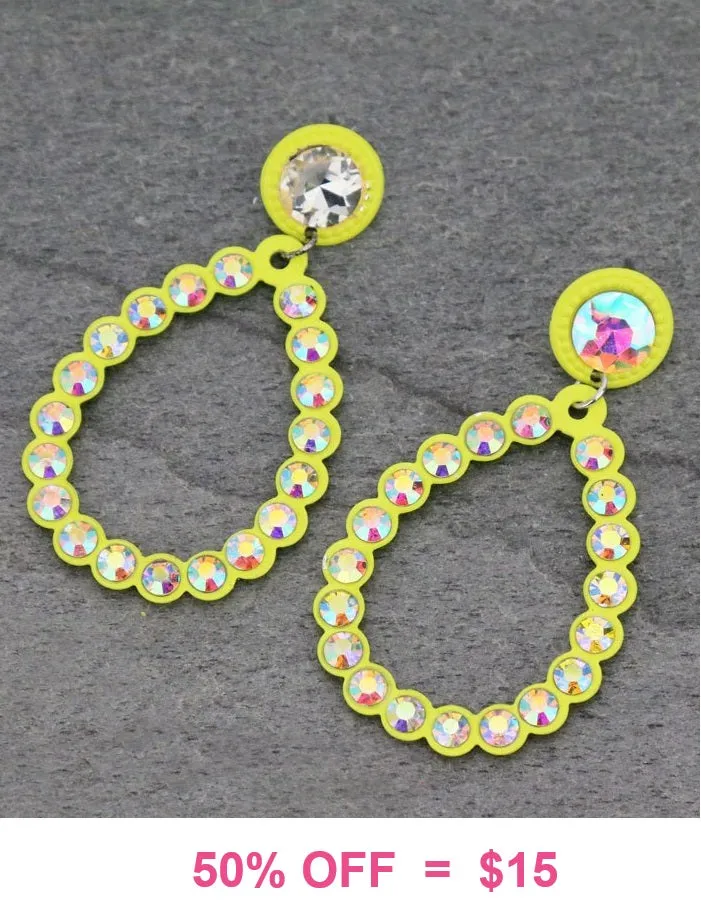 Neon Yellow Bling Teardrop Earrings with stud post