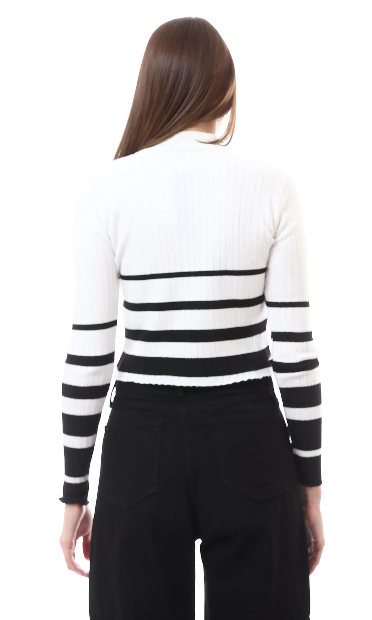 O172555 Mock Neck Striped White & Black Pullover