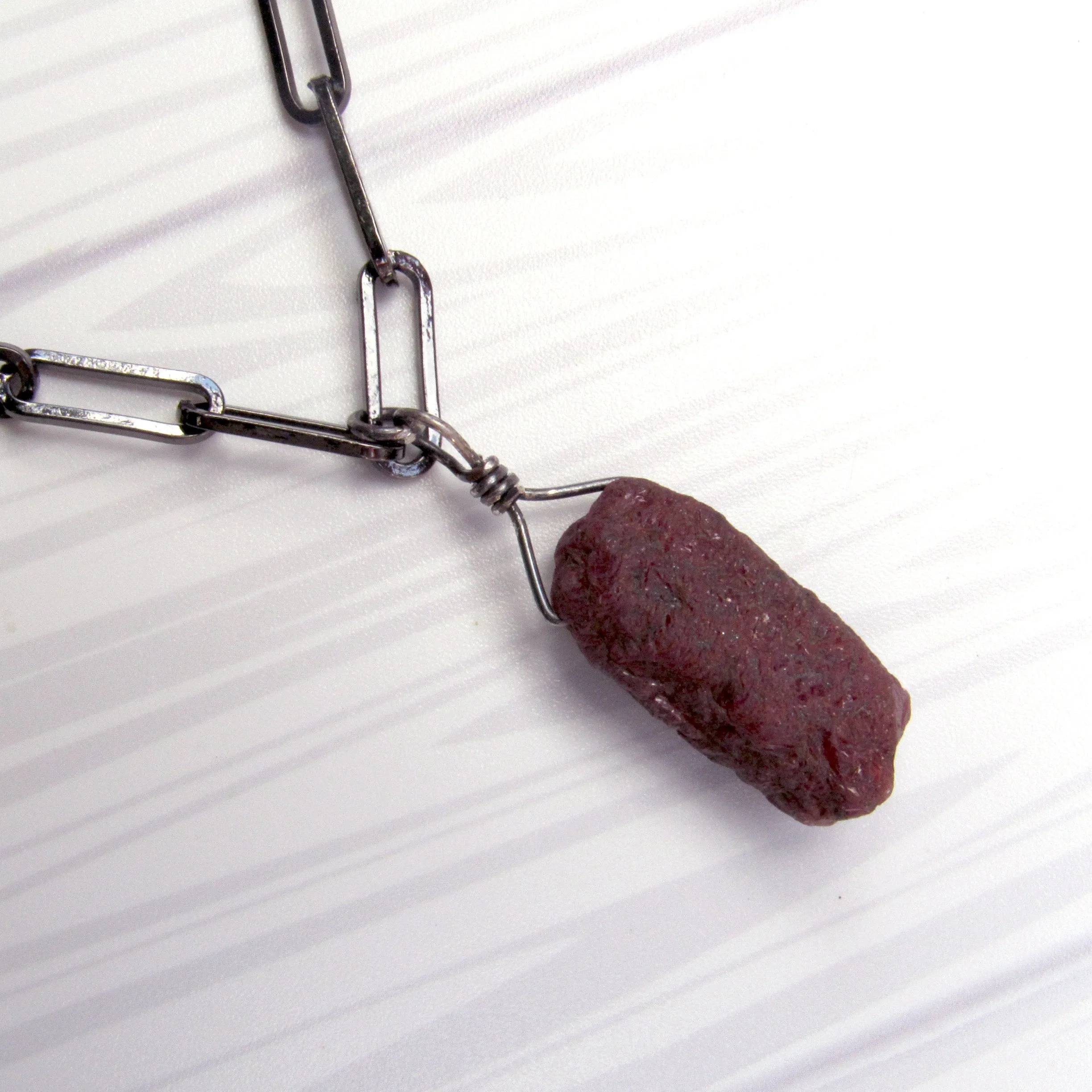 Raw Ruby gemstone Necklace on Black Gold fill Chain