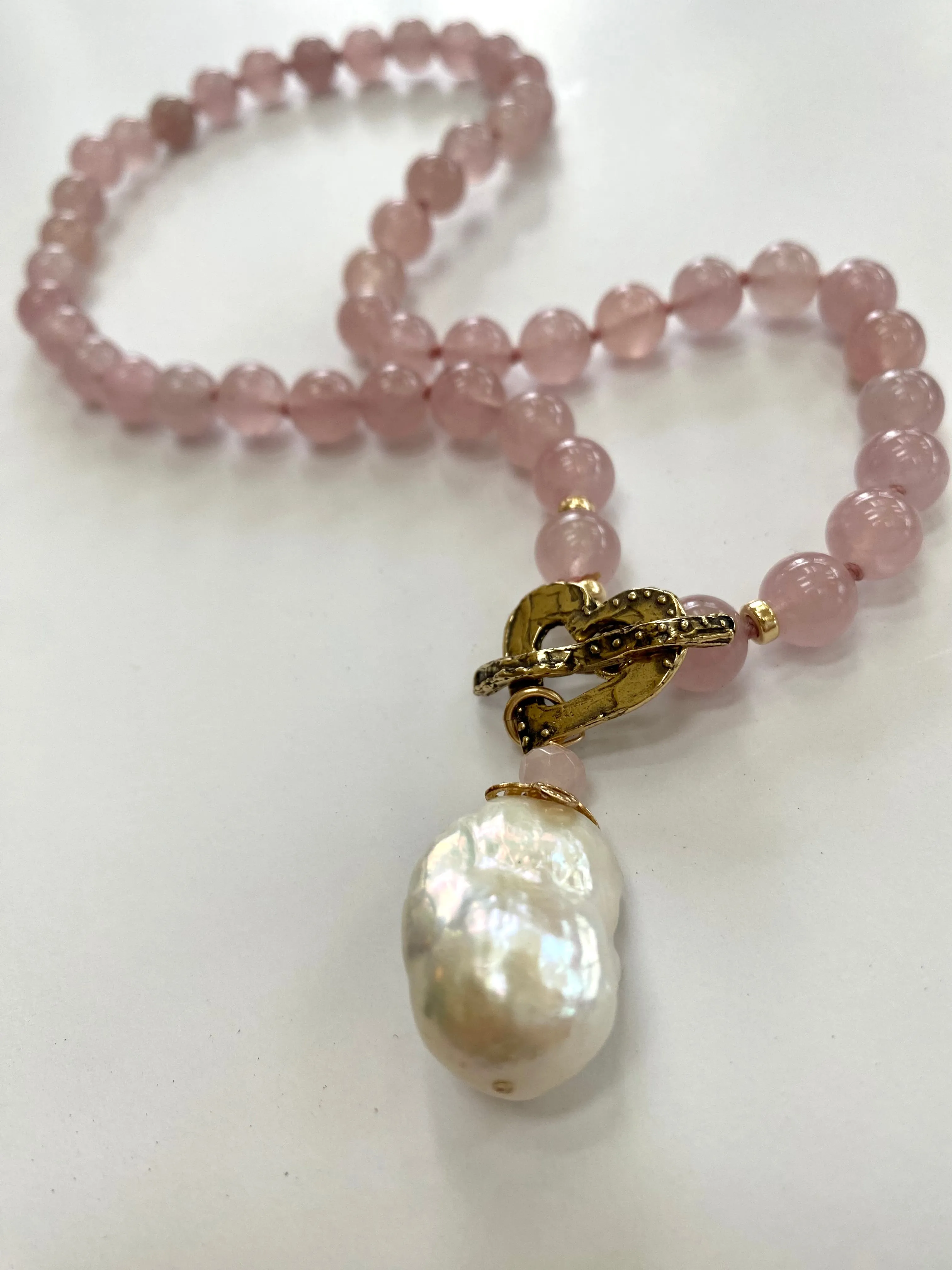 Rose Quartz Toggle Necklace, Baroque Pearl Pendant, Gold Bronze Heart Toggle Clasp, 17.5in