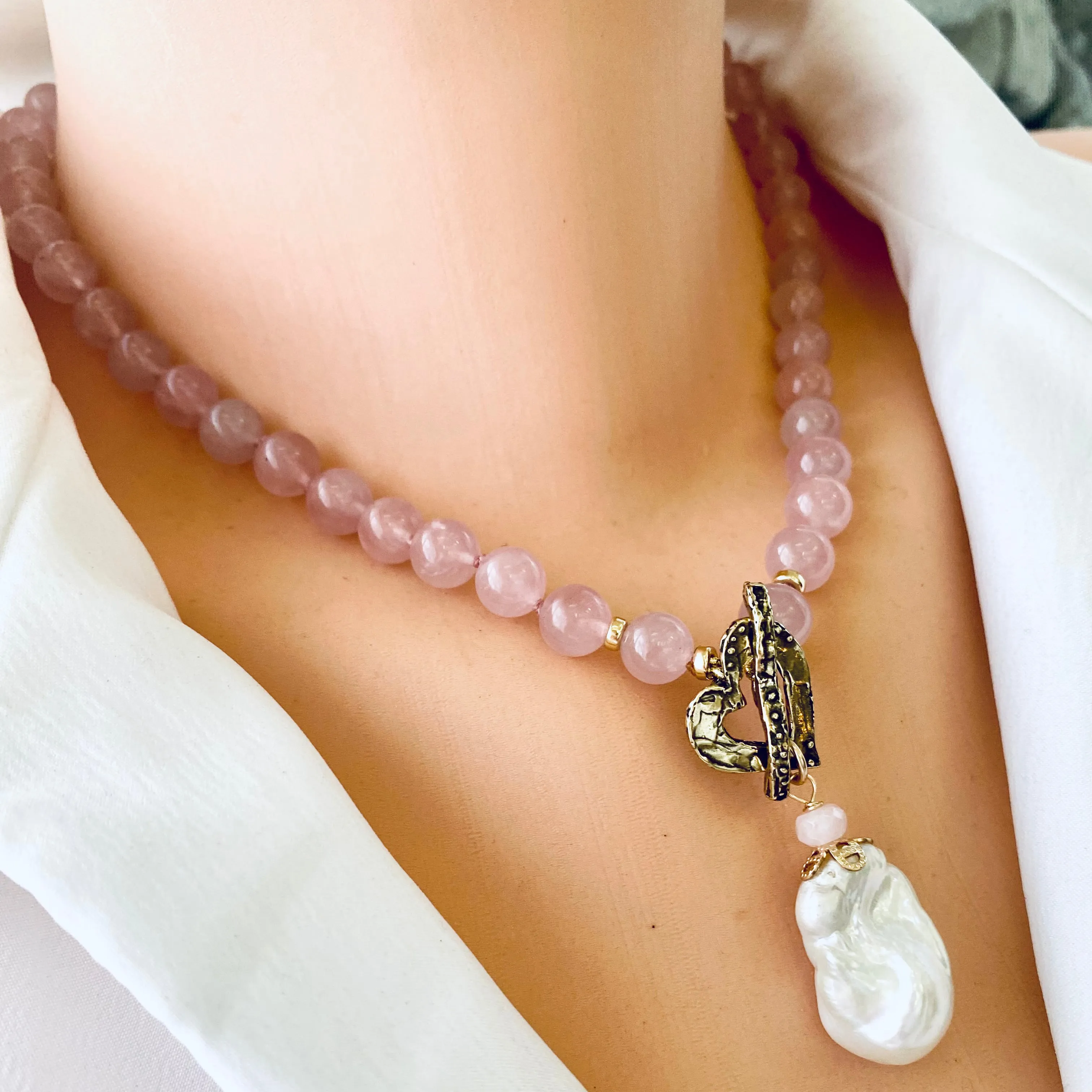 Rose Quartz Toggle Necklace, Baroque Pearl Pendant, Gold Bronze Heart Toggle Clasp, 17.5in