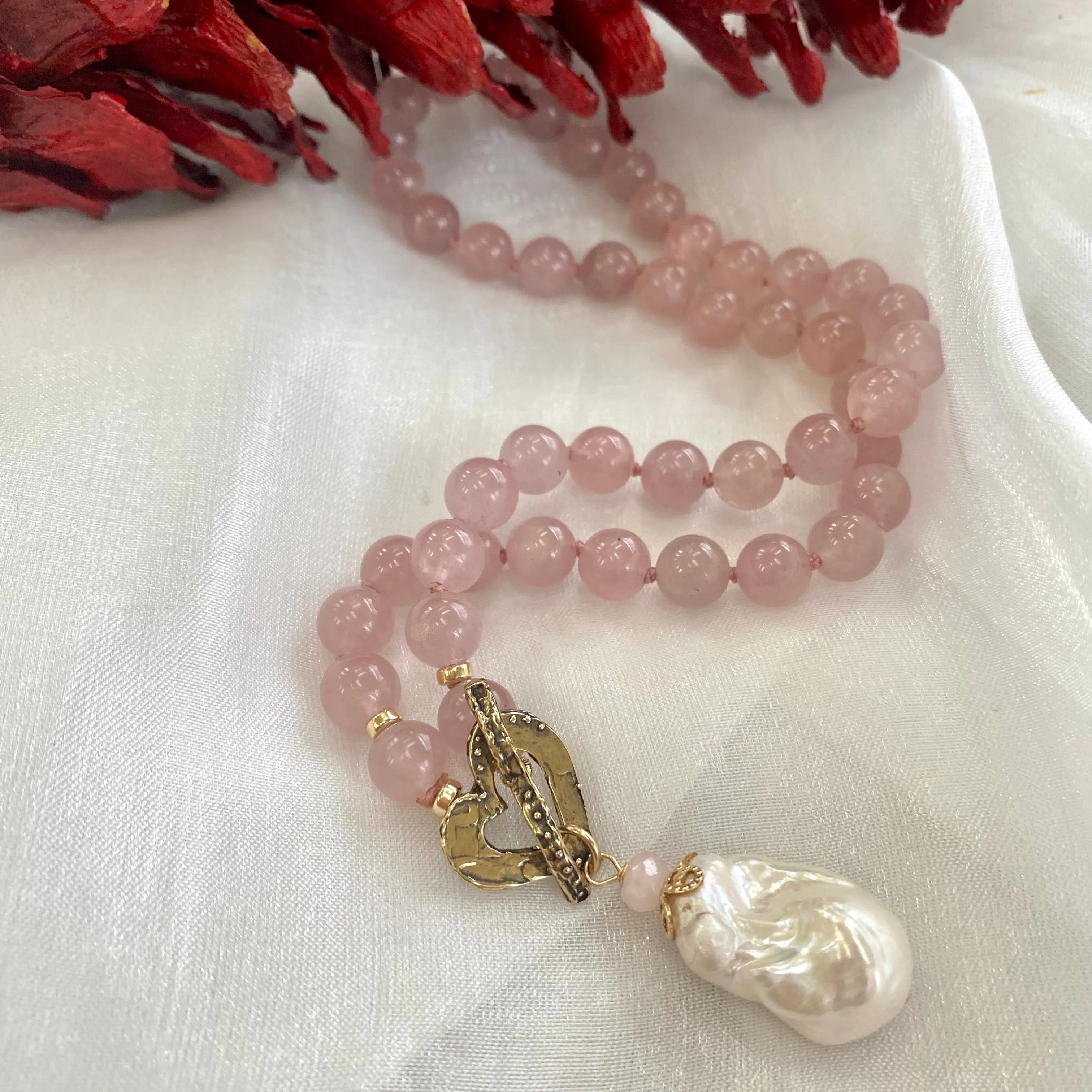 Rose Quartz Toggle Necklace, Baroque Pearl Pendant, Gold Bronze Heart Toggle Clasp, 17.5in