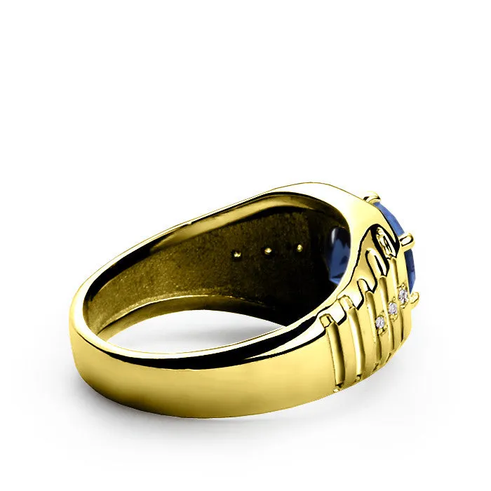 Round Sapphire and Diamonds Men's Ring in 14k Yellow Gold