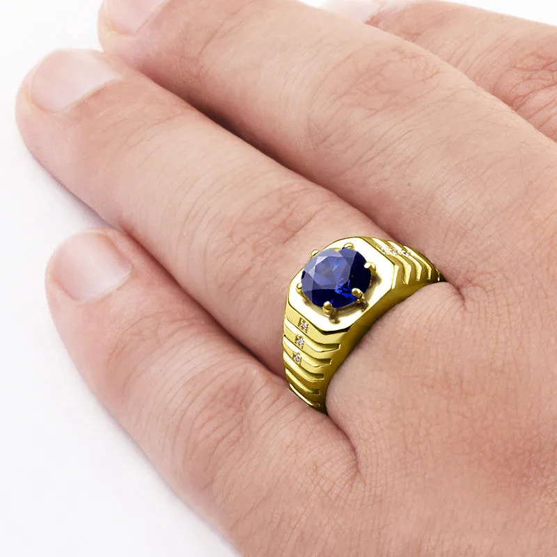 Round Sapphire and Diamonds Men's Ring in 14k Yellow Gold