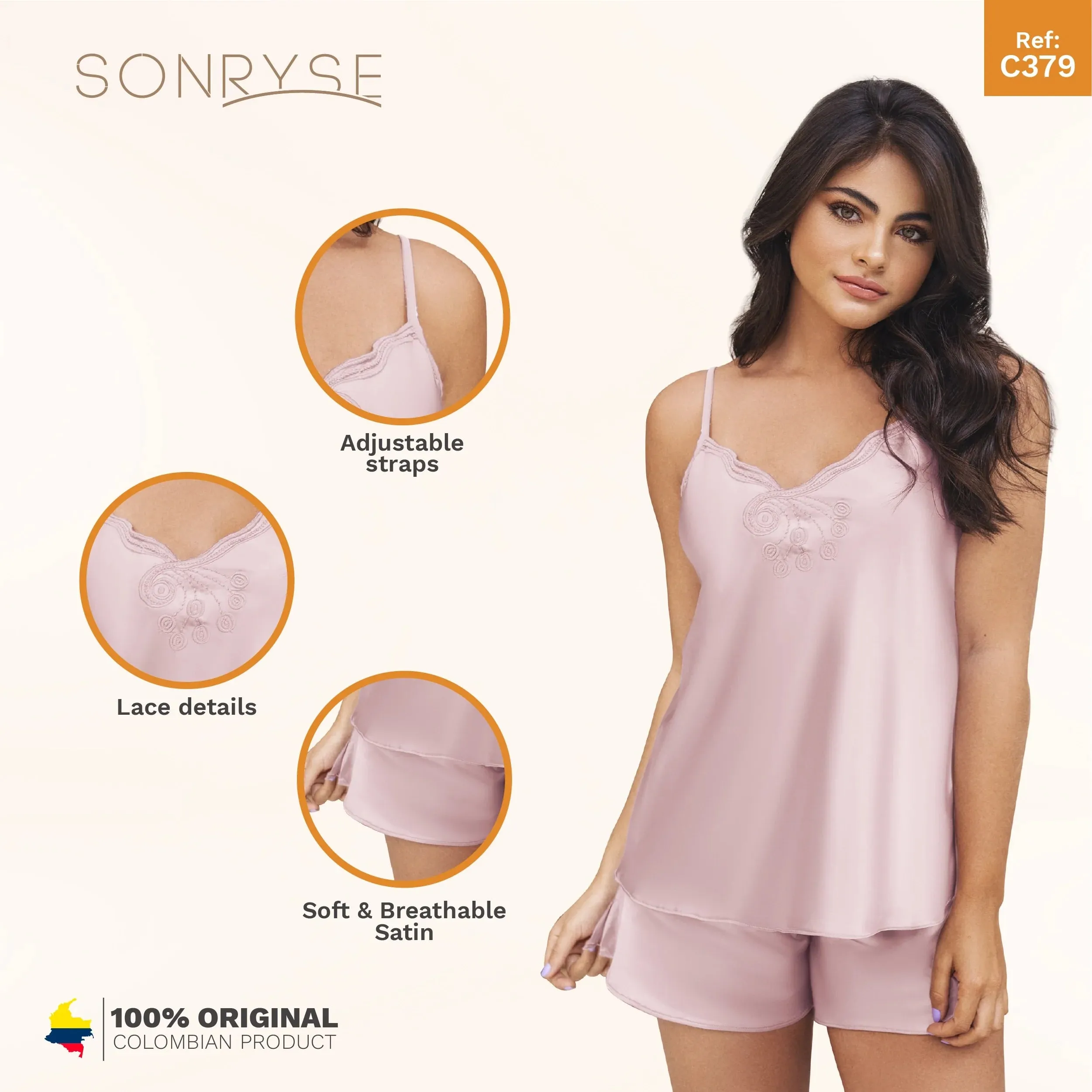 SONRYSE 379 | ROPA DE DORMIR DE SATIN PARA MUJER, DE DOS PIEZAS, BATAS DE SEDA CON DETALLES DE ENCAJE | CORTO Y SUPERIOR | USO DIARIO