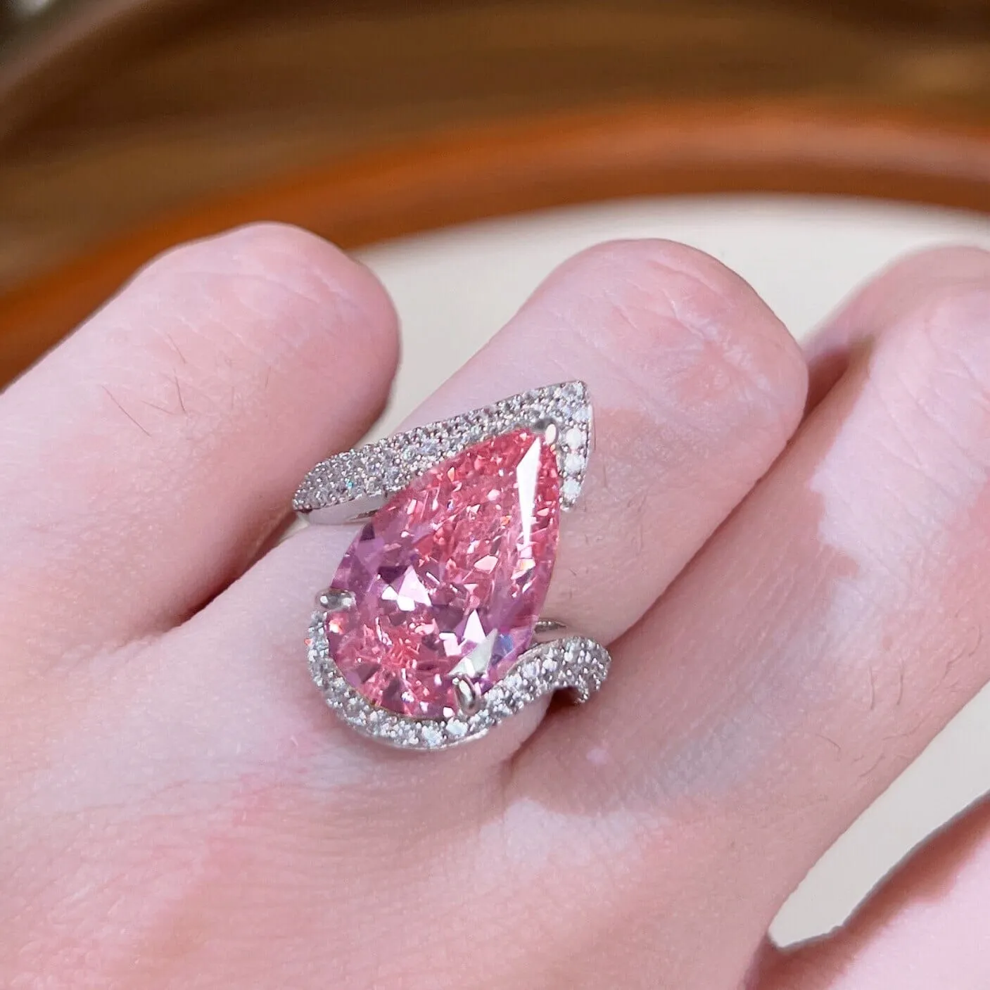 Sparkling Waterdrop Pink Diamond Silver Ring