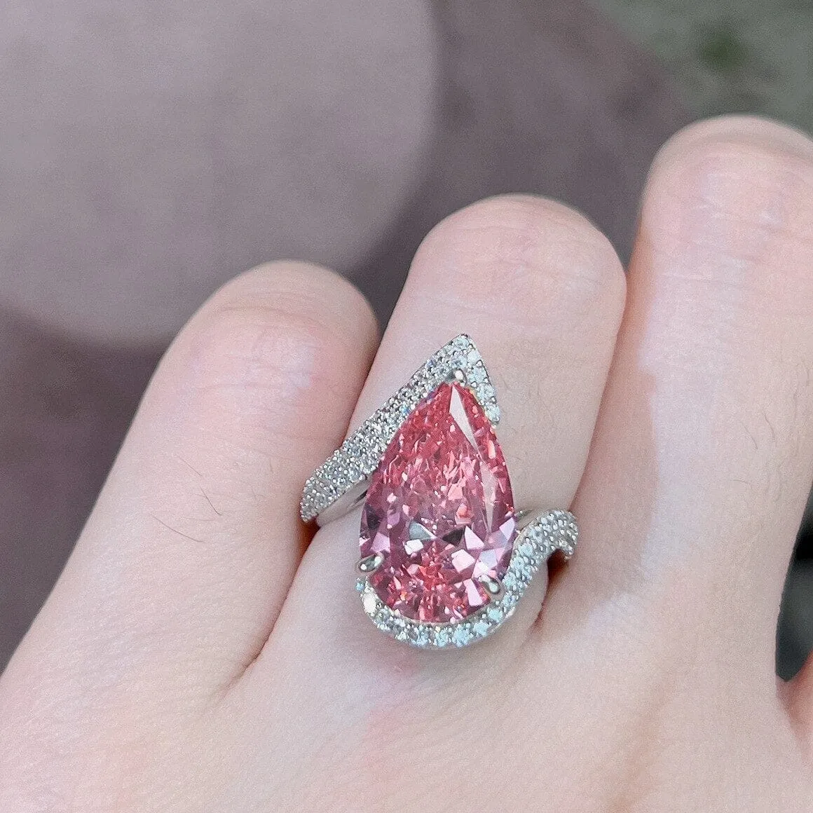 Sparkling Waterdrop Pink Diamond Silver Ring